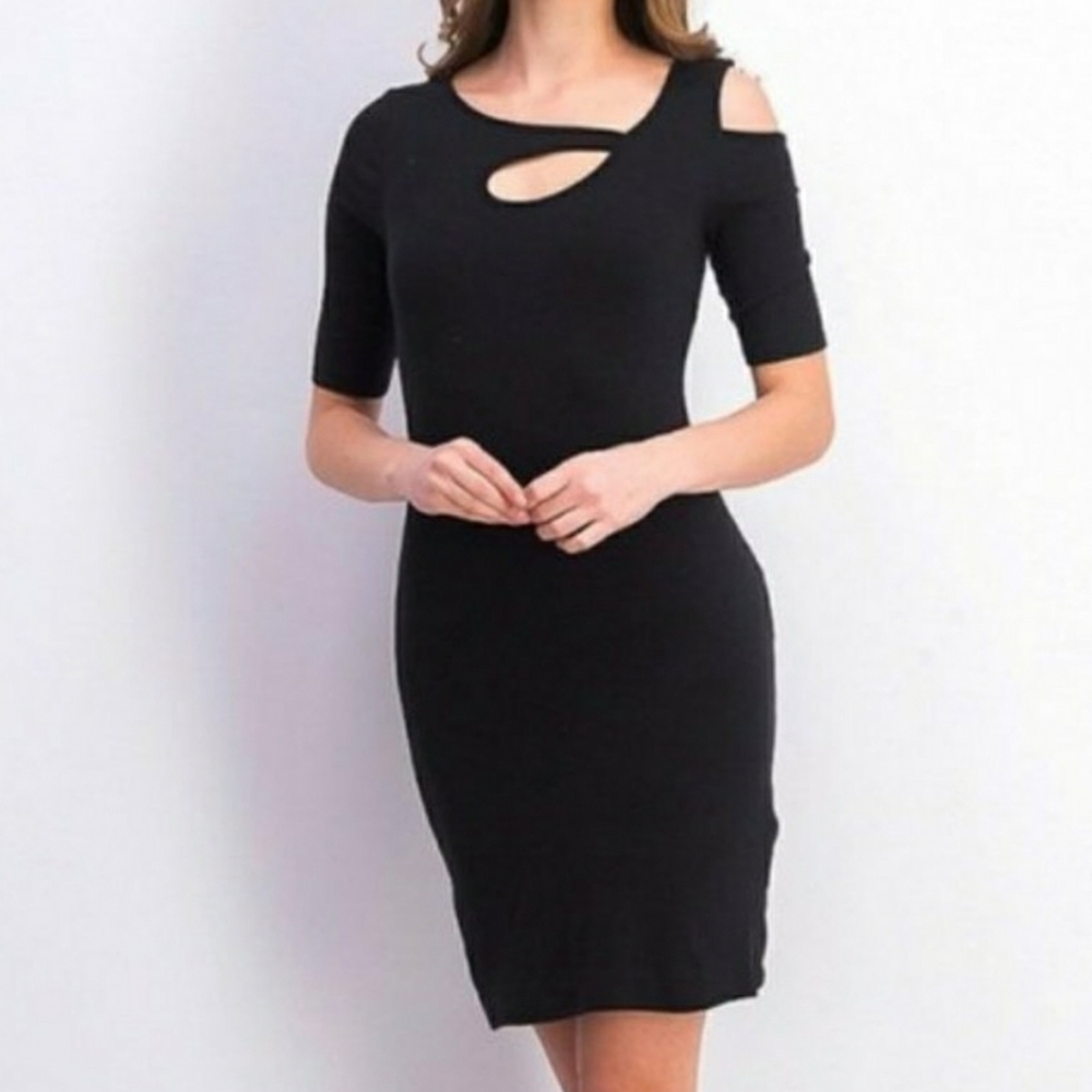 NWT Goldray Xandra Ribbed Knit Dress Cutout Cold Shoulder Black Bodycon Large